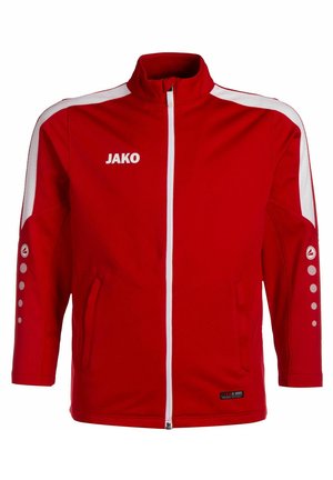 Rode sportjas met witte accenten, volledige rits, hoge kraag en zijzakken. Gemaakt van gladde stof met ronde details op de mouwen.