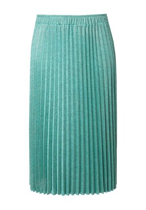Jupe plissée turquoise en tissu léger, dotée d'une ceinture élastique confortable et d'une longueur mi-mollet.