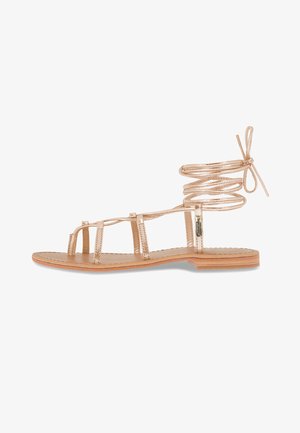 Metalen gouden platte sandaal met meerdere banden, een gestrikt enkelbandje en een bruin leren binnenzool. Glide textuur met minimalistische ontwerpelementen.