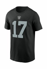 Schwarzes Baumwoll-T-Shirt mit rundem Halsausschnitt, kurzen Ärmeln und einer großen grauen Nummer "17" mit einem perforierten Muster sowie einem Raiders-Logo.