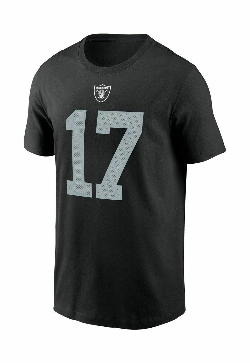 Schwarzes Baumwoll-T-Shirt mit rundem Halsausschnitt, kurzen Ärmeln und einer großen grauen Nummer "17" mit einem perforierten Muster sowie einem Raiders-Logo.