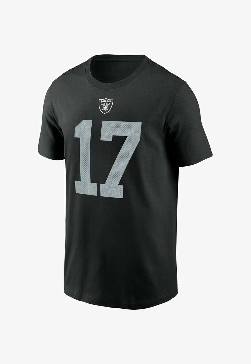 Schwarzes Baumwoll-T-Shirt mit rundem Halsausschnitt, kurzen Ärmeln und einer großen grauen Nummer "17" mit einem perforierten Muster sowie einem Raiders-Logo.