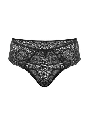 Czarne koronkowe majtki z kwiatowymi wzorami, z falbaniastym brzegiem i metalowym akcentem z przodu. Miękka tekstura i misternie zaprojektowane detale.
