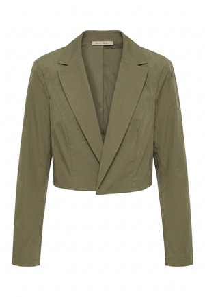Blazer verde oliva corto con maniche lunghe, rever a risvolto e vestibilità strutturata, progettato per donne.