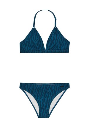 Zestaw bikini z trójkątnym stanikiem i dopasowanymi niskimi majtkami. Wykonany z niebieskiej tkaniny w czarne paski tygrysa.