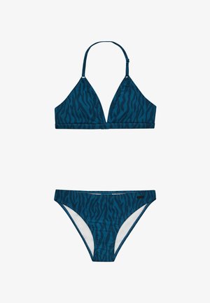 Bikini set s trojuholníkovým vrchom a zodpovedajúcim nízkym spodným dielom. Vyrobené z tkaniny v smaragdovej farbe s čiernym pruhovaným vzorom tigra.