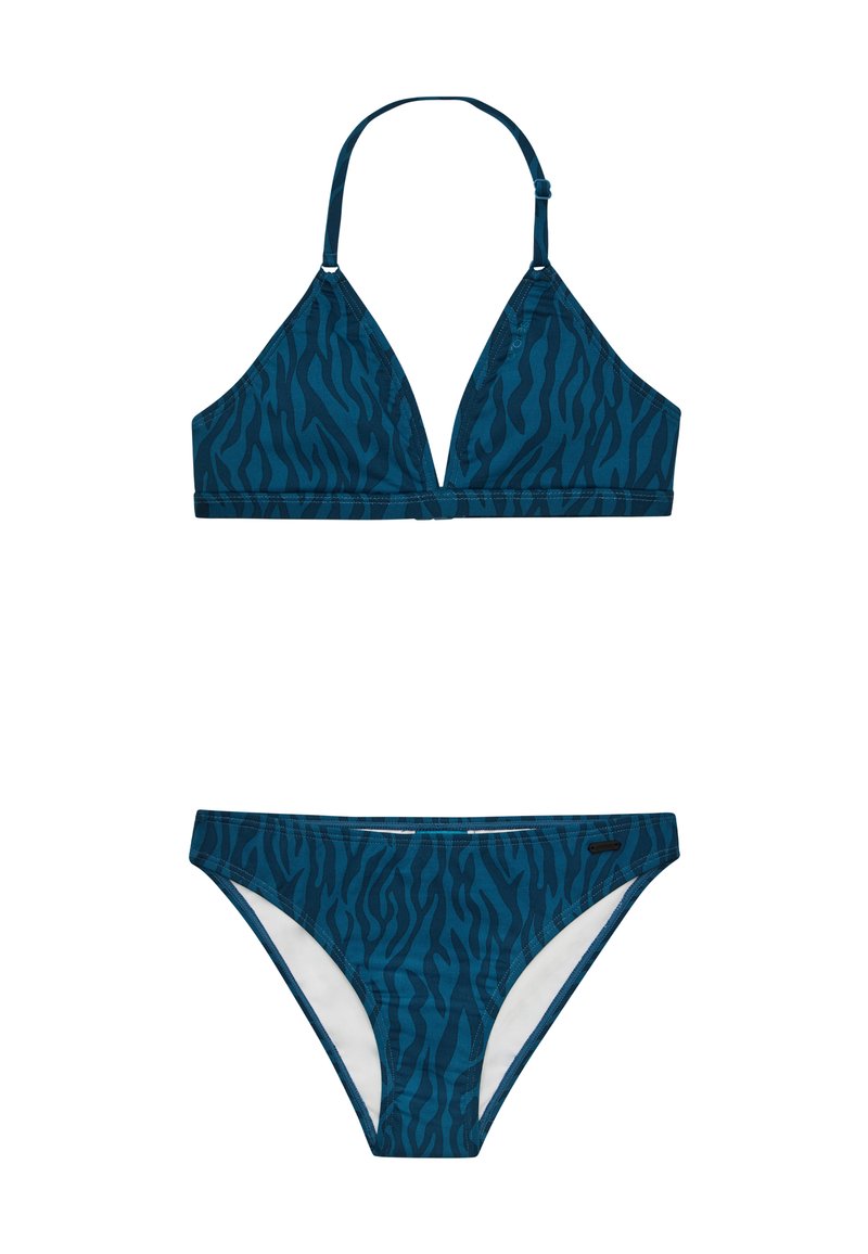 Bikini set s trojuholníkovým vrchom a zodpovedajúcim nízkym spodným dielom. Vyrobené z tkaniny v smaragdovej farbe s čiernym pruhovaným vzorom tigra.