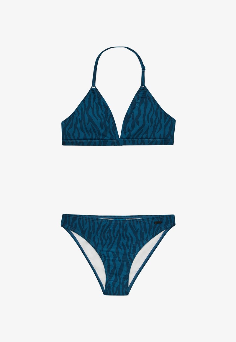 Bikini komplektas su trikampio formos viršumi ir atitinkančiu žemu juosmeniu. Pagamintas iš žalsvos medžiagos su juoda tigro rašto ornamentika.