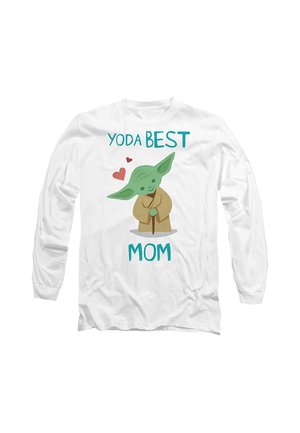 White long-sleeve shirt with a cartoon Yoda holding a cane, two red hearts, and text reading "Yoda Best Mom."