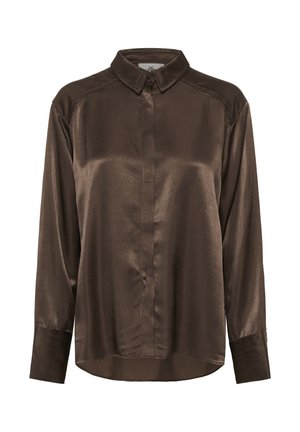 Braune Satin-Hemd mit Knöpfen, das einen Kragen, lange Ärmel und eine glatte Textur mit leicht abgerundetem Saum und dezentem Glanz aufweist.