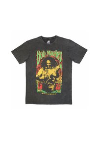 Black cotton T-shirt with a crew neck, featuring a colorful graphic print of a musician holding a guitar, text in green, red, and yellow.