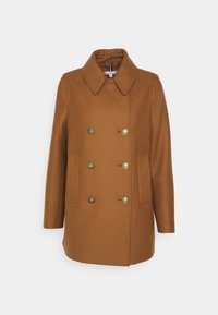 Bruine wolmix jas met een gestructureerde kraag, dubbele knopen, twee voorzakken en goudkleurige knopen. Gestructureerd oppervlak.