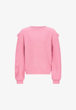 Rosa gerippter Pullover mit rundem Halsausschnitt, abgesenkten Schulternähten und gerippten Bündchen sowie Saum. Weiche Textur, lockere Passform und einfarbig.
