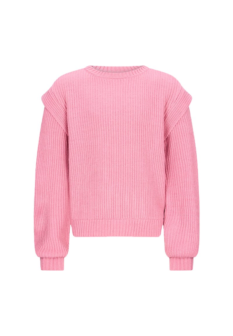 Różowy sweter prążkowany z okrągłym dekoltem, opadającymi szwami ramion oraz prążkowanymi mankietami i dołem. Miękka tekstura, luźny krój i jednolity kolor.