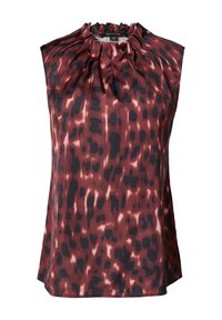 Top bez rękawów wykonany z gładkiego, czerwonawego materiału z abstrakcyjnym, leopardskim nadrukiem w czerni i ciemnym brązie; posiada detal w postaci zgromadzonego dekoltu.