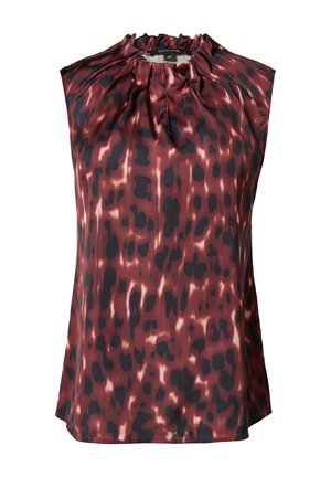 Top bez rękawów wykonany z gładkiego, czerwonawego materiału z abstrakcyjnym, leopardskim nadrukiem w czerni i ciemnym brązie; posiada detal w postaci zgromadzonego dekoltu.
