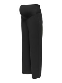 Black maternity pants with stretchy over-belly panel and side pockets, designed for comfort and support during pregnancy.