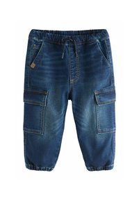 Tumedate teksaskangad, millel on kokku tõmbuv elastne vöökoht, kaks küljetaskut ja kaks cargo-taskut ning sile tekstuur.