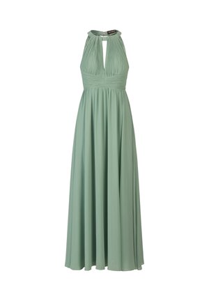 Robe maxi sans manches vert sauge avec encolure halter plissée, taille cintrée et jupe fluide, fermeture éclair dans le dos.