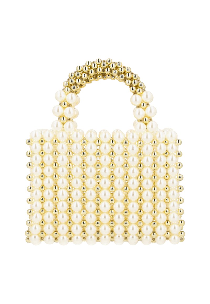Borsa a perline realizzata in finti perle bianche con dettagli in tono oro, dalla forma strutturata e con manico arrotondato.