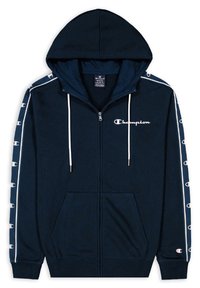 Felpa con zip di colore blu navy realizzata in cotone, dotata di cappuccio, lacci bianchi, strisce laterali con logo e tasche frontali.