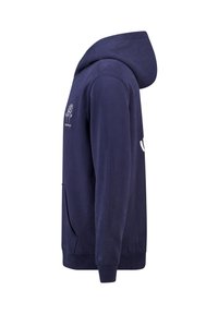 Hoodie bleu marine avec une poche kangourou, capuche avec cordon de serrage et design de logo. Tissu doux avec des poignets et un ourlet côtelés, texture unie.
