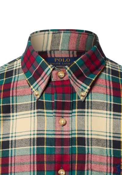 Rood, groen en blauwe geruite overhemden met een button-down kraag. Voorzien van gouden knopen en contrasterende beige secties in het patroon.