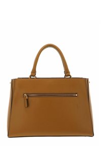 Borsa a mano in pelle marrone con design strutturato, doppio manico superiore e tasca con zip sul davanti. Presenta hardware in tono oro e cuciture minime.