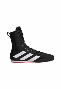 Black athletic shoe with a high-top design, featuring a textured fabric upper, black laces, and three white stripes on the side. Red outsole accent.