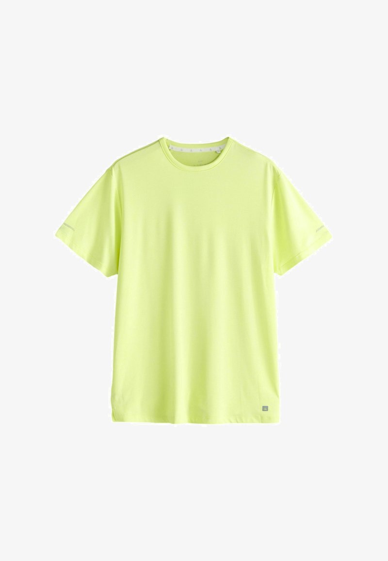 T-shirt jaune vif à manches courtes avec un col rond et un petit logo réfléchissant près de l'ourlet inférieur sur un fond blanc.