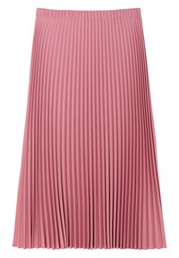 Falda plisada en rosa claro, con una cinturilla ancha y múltiples pliegues verticales, confeccionada en un tejido suave y ligero.