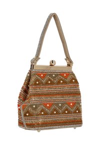 Geantă de mână cu mărgele, cu formă structurată, prezentând modele în portocaliu, auriu și alb. Include o închizătoare metalică și o curea accentuată cu strasuri.
