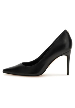 Chaussure à talon haut pour femme en cuir noir à bout pointu avec talon stilettos sur fond blanc.