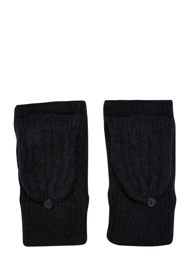 Gants sans doigts en tricot noir avec une texture côtelée, présentant des accents de boutons et un design rabattu pour plus de chaleur et de style.