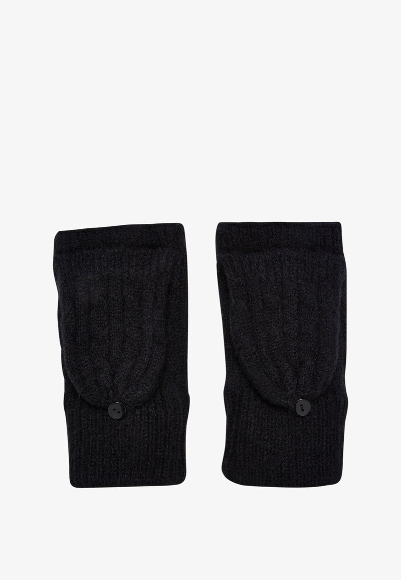 Gants sans doigts en tricot noir avec une texture côtelée, présentant des accents de boutons et un design rabattu pour plus de chaleur et de style.