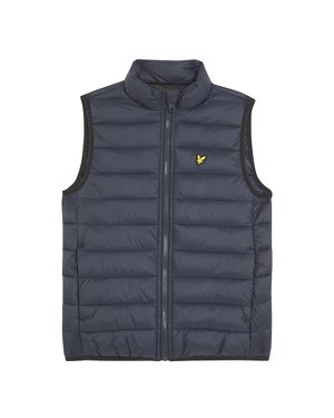 Marineblauwe gewatteerde vest met hoge kraag, rits aan de voorkant en contrasterende zwarte afwerking. Bevat verticale gestikte secties en een klein geel logo.