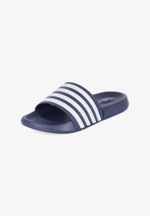 Marineblaue Slide-Sandale mit weißen horizontalen Streifen am Riemen und strukturiertem Fußbett, entworfen für den Freizeitgebrauch.