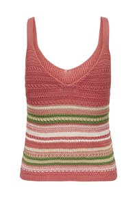 Dzianinowy top na ramiączkach w kolorze przygaszonego różu z poziomymi paskami w kolorze białym, zielonym i jasnoróżowym. Posiada głęboki dekolt w serek i teksturowaną tkaninę.
