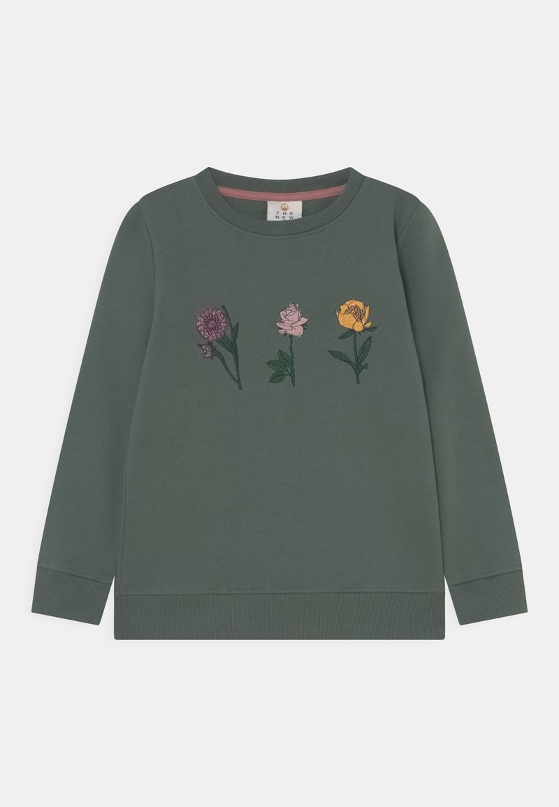 Dunkelgrüner Langarm-Sweatshirt mit gerippten Bündchen und Saum, versehen mit drei bestickten Blumen in Lila, Pink und Gelb auf der Brust.