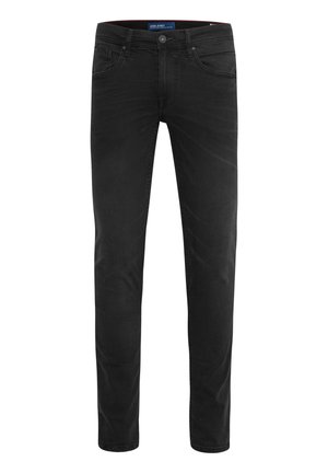 Black jeans made of denim, featuring a slim fit with a smooth texture, five pockets, and a button closure at the waist.