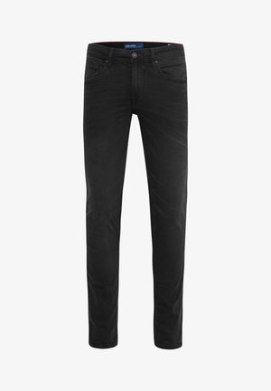 Black jeans made of denim, featuring a slim fit with a smooth texture, five pockets, and a button closure at the waist.