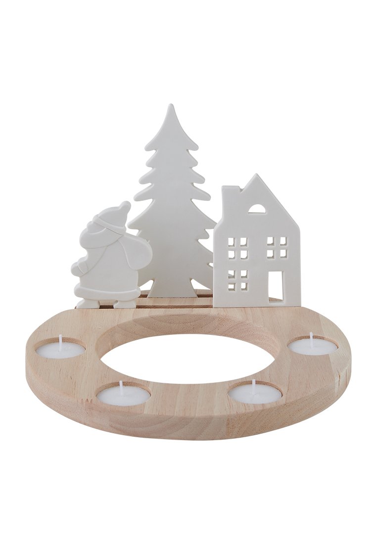 Holzkerzenhalter mit fünf Fächern für Teelichter, verziert mit weißen Keramikformen eines Baums, Hauses und Santa Claus.