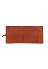 Brown leather wallet with a smooth texture, featuring four card slots and a stitched edge. Closed design with a side strap for closure.