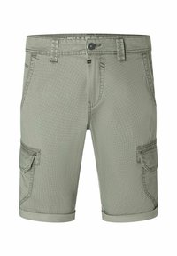 Cargo shorts in light gray fabric, featuring multiple pockets, a button closure, and a rolled hem, with a textured surface.