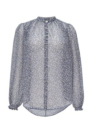 Blouse légère et transparente avec un col montant, fermeture à boutons et manches longues. Motif floral bleu sur un fond clair ; poignets froncés.