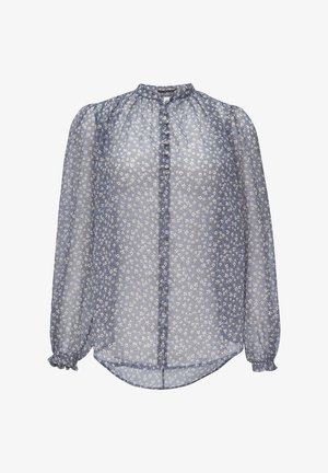 Sheer, lightweight blouse with a high neckline, button closure, and long sleeves. Blue floral pattern on a light background; gathered cuffs.
