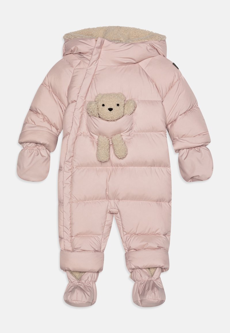 Pink padded snowsuit with a teddy bear pocket. Features a sherpa-lined hood, elastic cuffs, and booties for warmth and comfort.