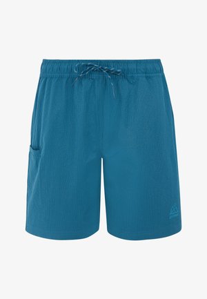Blauwe gestructureerde shorts met een elastische tailleband, trekkoorddetails en een zijzak. Gemaakt van lichtgewicht, ademend materiaal.