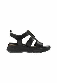 Zwarte leren sandalen met een verstelbaar riemontwerp, textuur oppervlak en een gevoerde, gevormde zool voor comfort en ondersteuning.