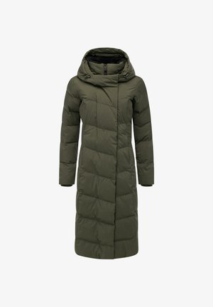 Ilgas, su gobtuvu pūstas paltas alyvuogių žalumos spalvos. Pasižymi siuvinėjimo dizainu su geometrinėmis raštais ir užtrauktuku, užtikrinančiu šilumą ir komfortą.